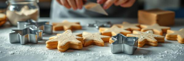 Creating festive star-shaped cookies in a cozy kitchen during the holiday season photo