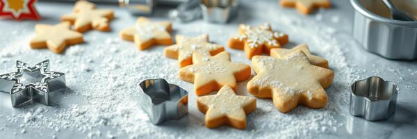 Holiday baking with snowflake shaped cookies on a kitchen countertop decorated with powdered sugar photo