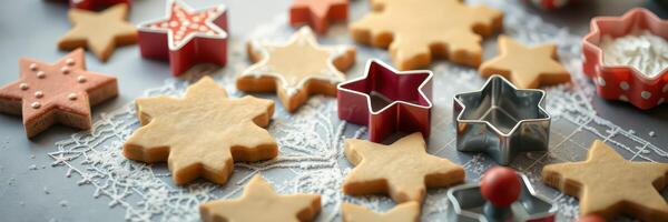Holiday cookie preparation with star and snowflake shaped cutters on a decorated table photo
