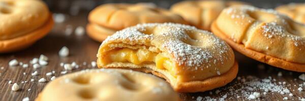 Sweet cream-filled pastries arranged on a wooden surface with powdered sugar photo