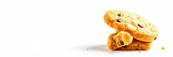 Delicious chocolate chip cookies stacked on a white background with crumbs scattered around photo