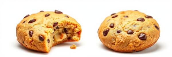 Delicious chocolate chip cookie with a bite taken out, showcasing its soft texture and rich chocolate pieces photo