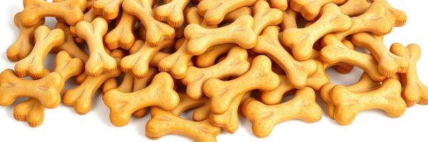 Dog treats shaped like bones spread across a white surface inviting pet owners to indulge their furry friends photo