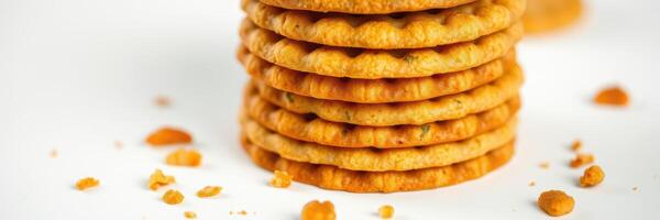 Delicious stack of golden cookies with crumbs on a white plate in a well-lit kitchen setting photo