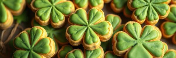 Colorful shamrock cookies arranged on a table for Saint Patrick's Day celebration or festive gathering photo