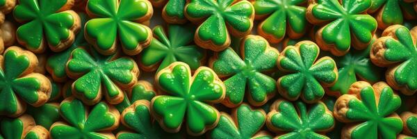 Green shamrock-shaped cookies arranged on a table for a festive celebration photo