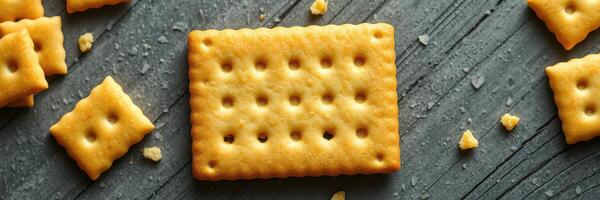 Golden crackers arranged on a dark stone surface showcasing their texture and shape during a snack time setting photo