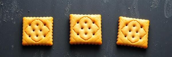 Crackers arranged neatly on a dark surface showcasing their unique shapes and textures photo