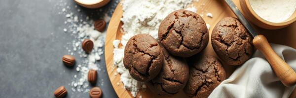 Baking chocolate cookies with flour on a wooden board during a cozy kitchen moment photo