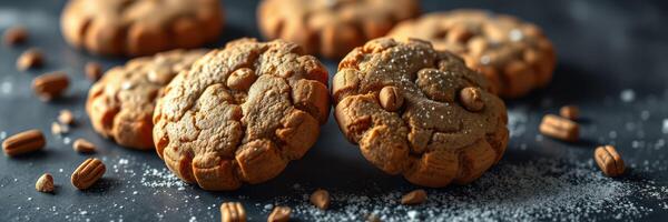 Freshly baked nutty cookies on a dark surface with scattered nuts and sugar photo