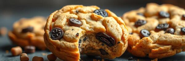 Freshly baked cookies with chocolate chips and Oreo pieces on a dark surface photo
