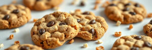 Freshly baked cookies with chocolate chips and nuts arranged on a light surface, perfect for a sweet treat at any time photo