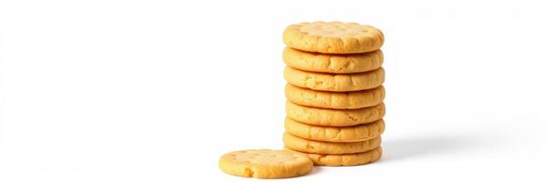 Stack of round cookies arranged in a neat pile on a plain white background photo