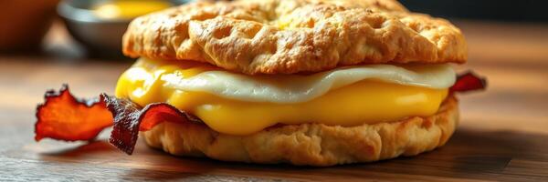 Savory breakfast sandwich featuring bacon, egg, and melted cheese on a flaky biscuit photo