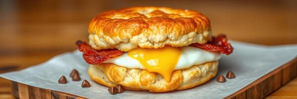 Savory breakfast sandwich with bacon, eggs, and cheese on a wooden table with chocolate chips photo