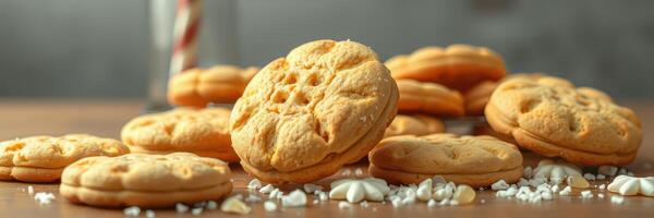 recién horneado galletas arreglado en un de madera superficie con decorativo asperja y un vaso tarro en el antecedentes foto