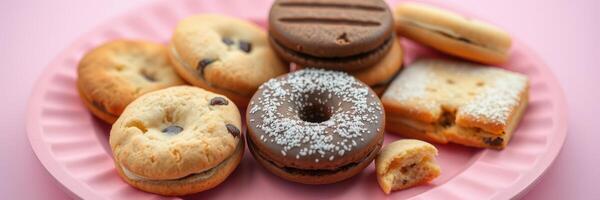 Assorted cookies arranged on a pink plate, showcasing various flavors and textures for a delightful treat photo