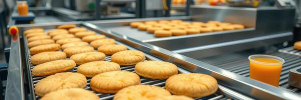 Delicious cookies being baked on a conveyor belt in a busy bakery during the morning hours photo