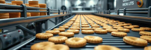 Cookies baking in a conveyor belt at a large industrial facility during the daytime photo