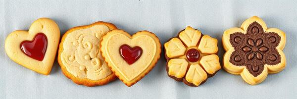 Colorful cookies laid out in a row on a light backdrop, showcasing various shapes and designs photo