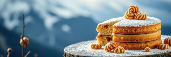 Delicious stack of fluffy pancakes topped with swirls of cream and powdered sugar on a scenic mountain background photo