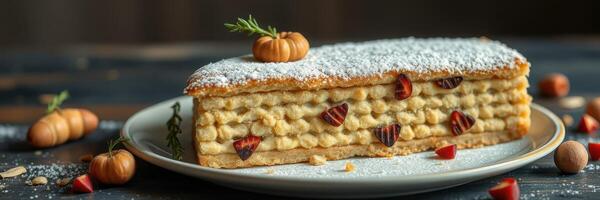 Delicious fall dessert featuring layered pumpkin-flavored cake with decorative toppings and powdered sugar photo