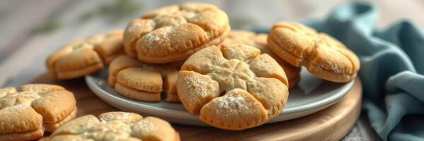 delicioso hecho en casa galletas arreglado en un lámina, exhibiendo su delicado diseño y en polvo azúcar Adición para un encantador tratar foto