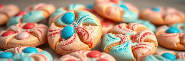 Delicate cookies arranged in colorful patterns on a wooden surface during a festive gathering photo
