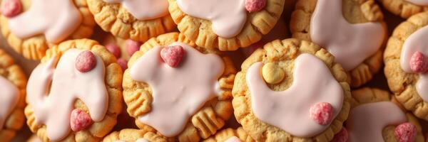 Sweet cookies with colorful frosting arranged in a decorative pattern on a wooden surface photo