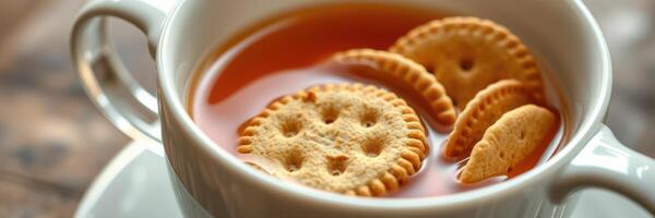 Enjoying tea with crackers in a cozy setting during a relaxing afternoon photo