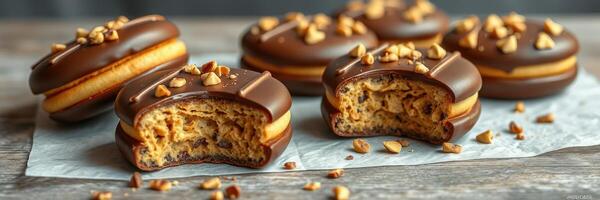 Delicious chocolate-coated cookies filled with creamy peanut butter and topped with crunchy nuts photo