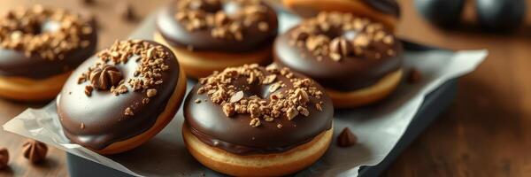 Freshly baked chocolate donuts with crunchy toppings on a wooden table photo