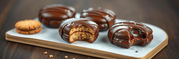 Delicious chocolate-covered cookies served on a wooden plate with a bite taken out revealing the creamy filling photo