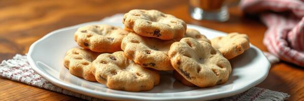 delicioso hecho en casa galletas desplegado en un blanco plato en un de madera mesa durante un acogedor tarde reunión foto