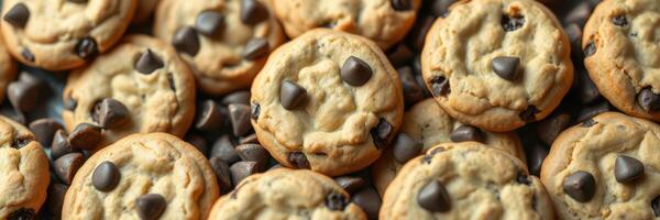 Freshly baked chocolate chip cookies displayed on a tray in a cozy kitchen setting photo