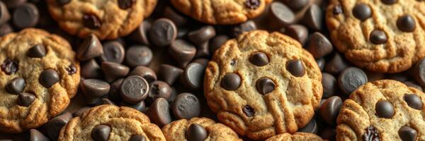 Freshly baked chocolate chip cookies resting on a bed of chocolate chips photo