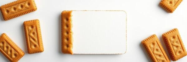 Cookies arranged around a blank rectangular card on a white background, inviting creativity for messages or notes photo