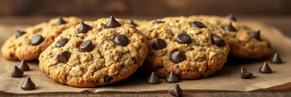 Freshly baked oatmeal chocolate chip cookies on a wooden table photo