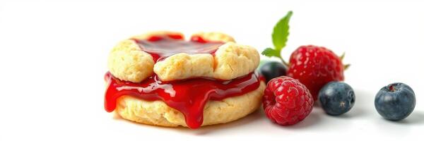 Delicious dessert featuring a biscuit topped with fruit jam and fresh berries placed on a clean surface photo