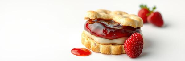 Delicious dessert creation featuring a biscuit sandwich with layered fruit filling and fresh strawberries on a clean surface photo