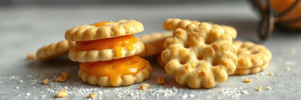 Delicious homemade cookies with orange filling arranged on a light surface photo