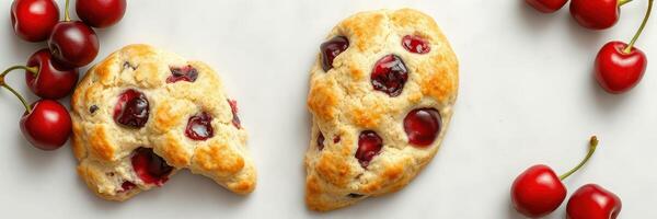 Freshly baked cherry scones arranged on a white background with fresh cherries photo