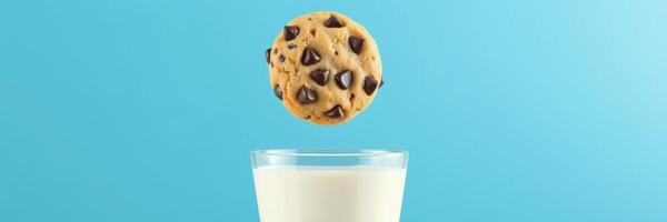 Floating cookie above a glass of milk on a bright blue background during a playful dessert moment photo