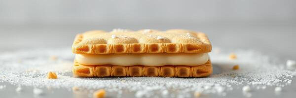 Layered dessert featuring creamy filling and delicate wafers on a light background with powdered sugar photo