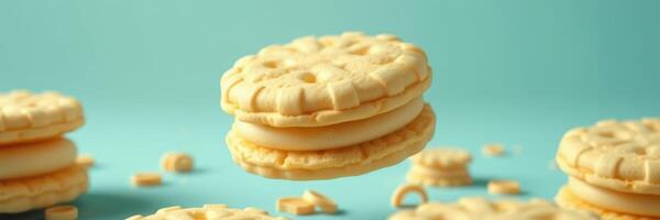Delicious cookies floating against a vibrant blue background in a playful composition photo