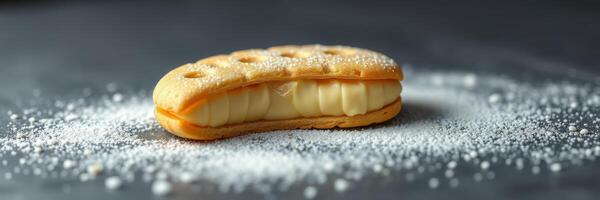 Delicate dessert with cream filling presented on a dark surface with powdered sugar photo