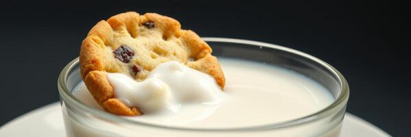 Dunking a cookie into a glass of creamy milk during a delightful snack time photo