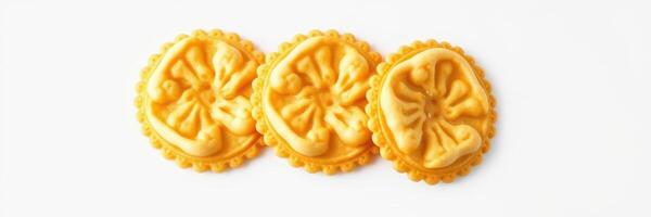 Unique decorative cookies artfully arranged in a row with intricate designs on a white background photo