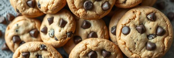 Freshly baked chocolate chip cookies stacked on a cooling rack, showcasing a golden brown appearance and generous chocolate pieces photo