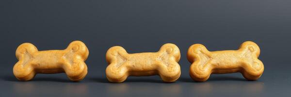 Dog-shaped treats arranged in a line on a gray background highlighting their texture and shape photo